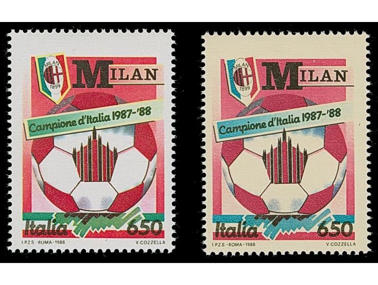 1988, 650 L. multiple colour “scudetto al Milan” with blue coleur instead green, mint never hinged, very fine, certificate Ra